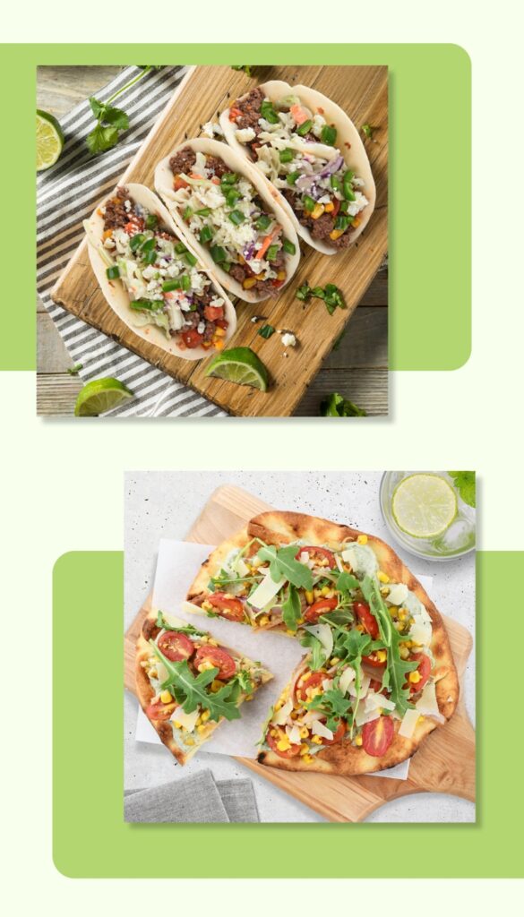 Images of Home Chef recipes including tacos and pizza