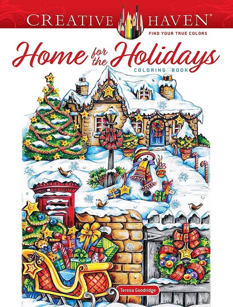 A winter holiday scene including a cozy cottage is seen on a book cover. The title says Home for the Holidays.