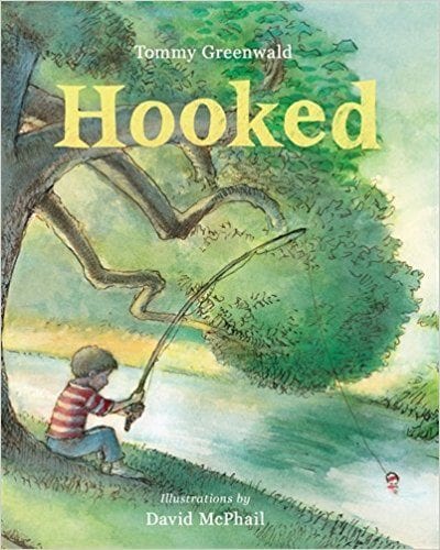 Book cover of hooked with a boy fishing under a tree at a lake (summer read alouds)