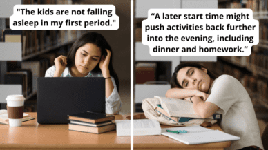 Split image showing pros and cons of later school start times