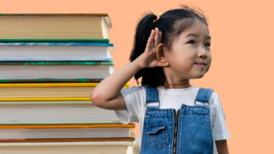 Photo of a child listening to a stack of books