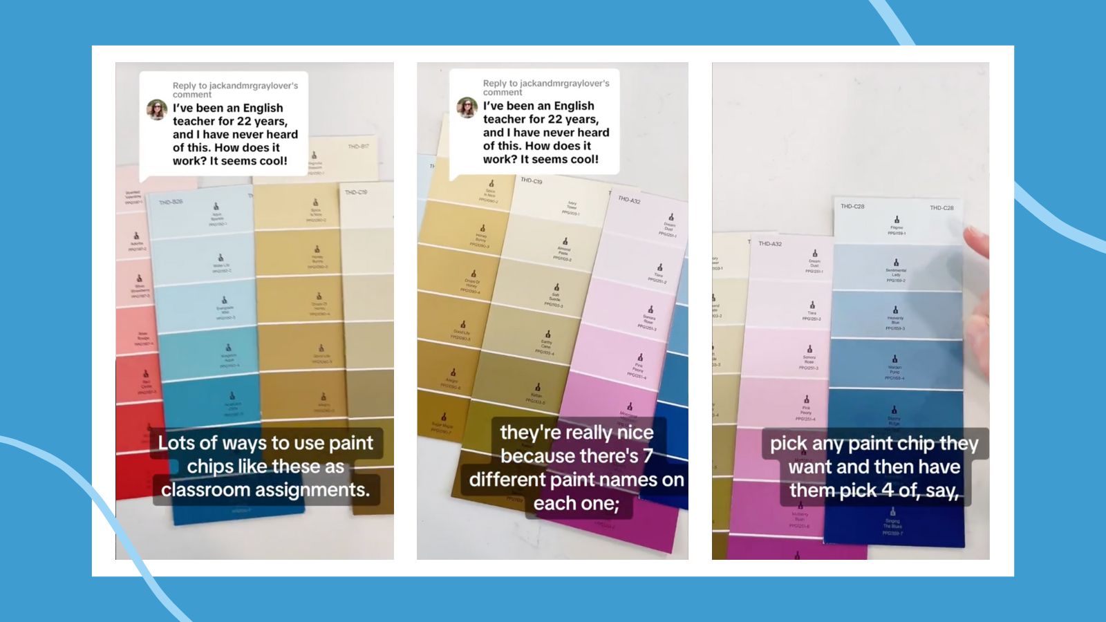 Screenshots from TikTok about paint samples teaching strategy