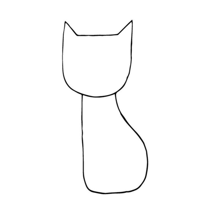 Simple outline of a cat's head and body are shown in this second step of how to draw a cat.