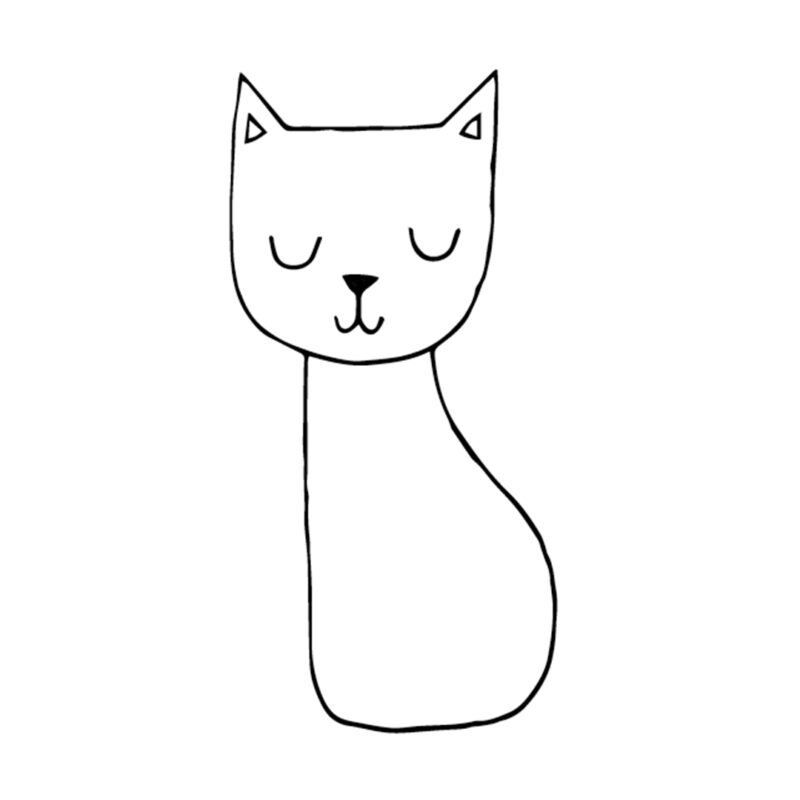 A simple outline of a cat head and body are shown. There are two small triangles inside the ears and two U shaped eyes. A small nose has two little hooks coming off it for the mouth. 