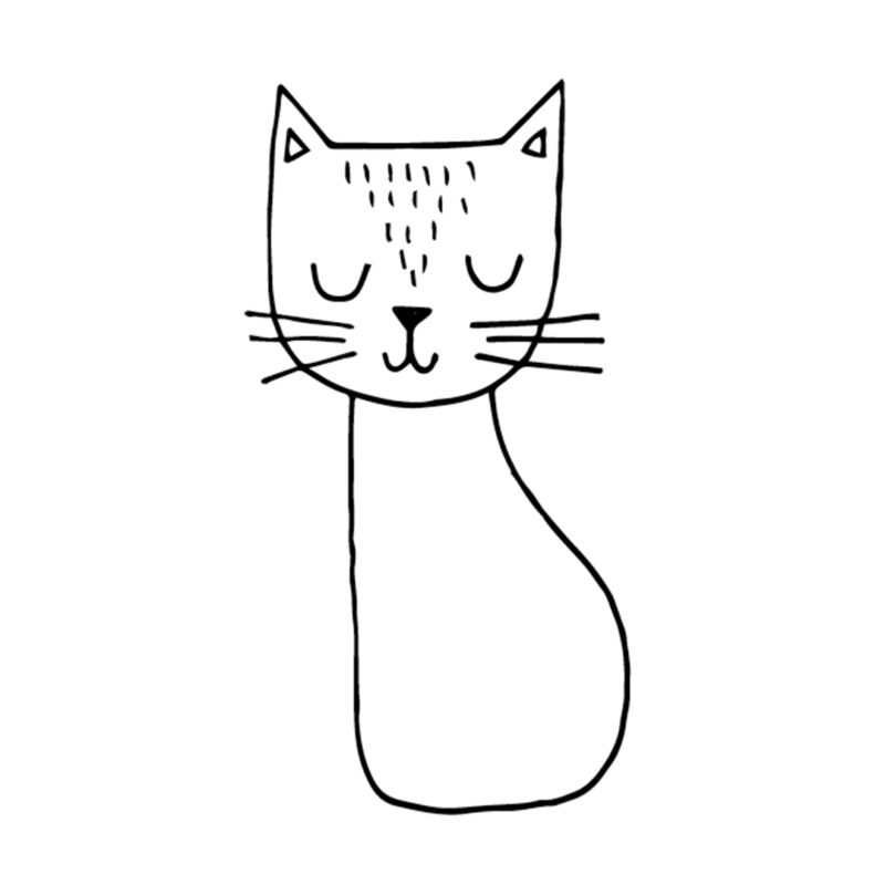 An outline of a cat shape and head are shown. A simple face is also drawn with whiskers coming out the sides of the face. small lines on the cat's forehead indicate fur.