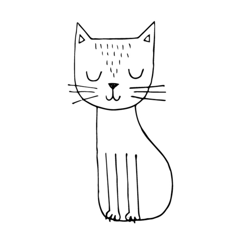 An outline of a cat shape and head are shown. A simple face is also drawn with whiskers coming out the sides of the face. small lines on the cat's forehead indicate fur. Four straight lines are drawn about three-quarters of the way up the body. Two little paws connect the lines to create the front legs.