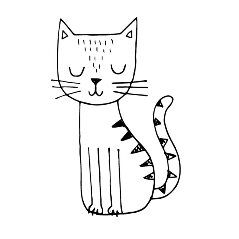 An outline of a cat shape and head are shown. A simple face is also drawn with whiskers coming out the sides of the face. small lines on the cat's forehead indicate fur. Four straight lines are drawn about three-quarters of the way up the body. Two little paws connect the lines to create the front legs. A tail is also added with triangles drawn on it and the cat's back.