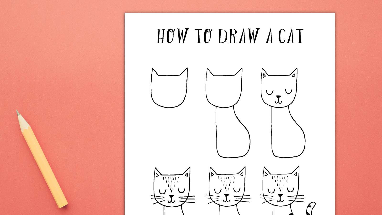 An image says how to draw a cat. It shows six steps of how to draw a cat on a single piece of white paper on a peach background.