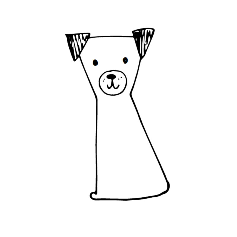 A rough outline of a dog is shown. There are two upside down triangles for dog ears, two black dots for eyes, and a mouth and nose.