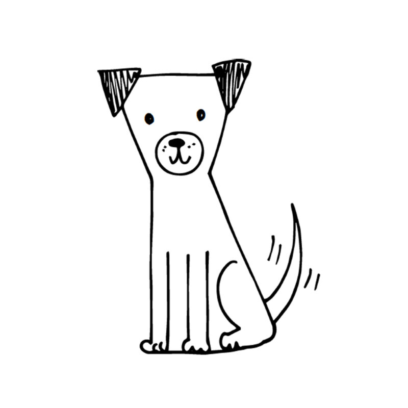A black outline of a dog is shown. Details include upside down triangles for ears, black dots for eyes, a mouth and nose, two front legs, a back leg, and a tail.