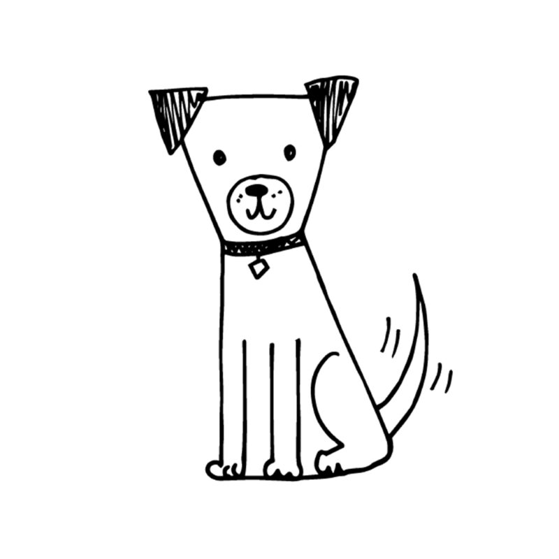 A black line drawing of a dog is shown. It has two upside down triangles for ears, two black dots for eyes, a mouth and nose, two front legs, a back leg, a tail, and a collar with a dog tag.