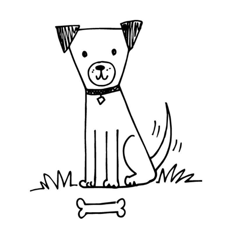 A black line drawing of a dog is shown. It has two upside down triangles for ears, black dots for eyes, a nose and mouth, a collar and a dog tag, three legs, and a tail. A dog bone and some grass are also shown.