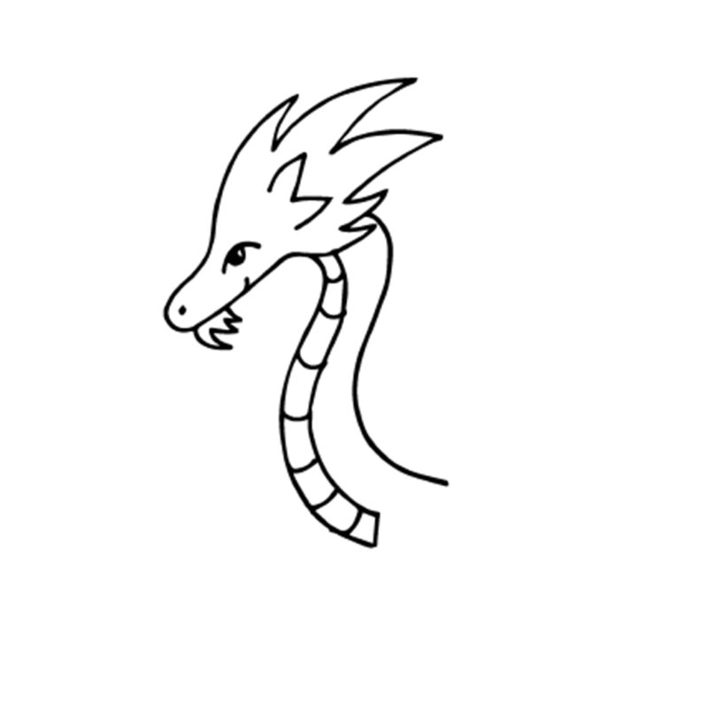 A dragon's head is shown with spikes in the back. A swirly shape neck is shown. An eye and some fur details are drawn. 