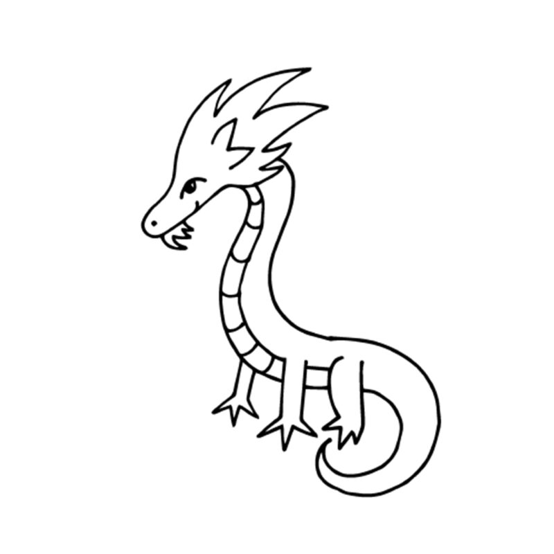 A dragon's head, face, body, three legs, and a tail are shown in this sixth step of how to draw a dragon.