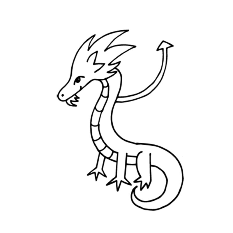 A dragon's head, face, body, three legs, and tail are shown. There is a u shape branching out of it's back with a small arrow on the end. 