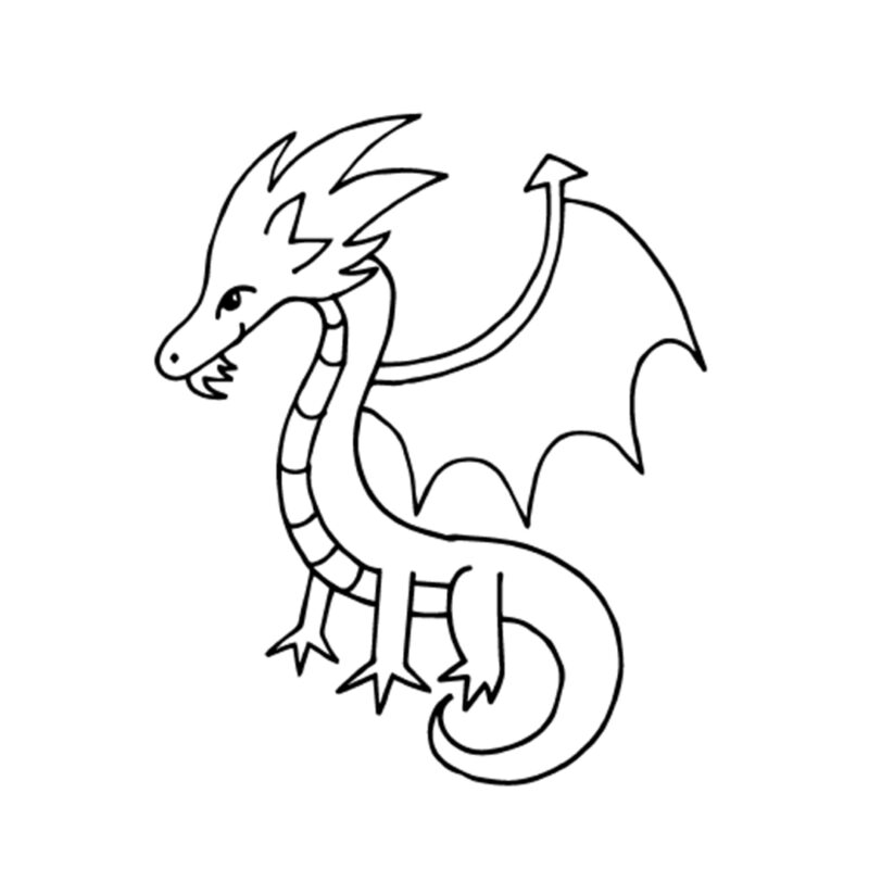 A dragon's head, face, neck, body, tail, three legs, and wings are shown drawn in black marker.