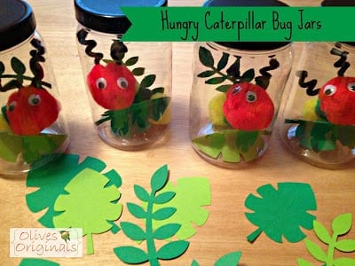 Hungry caterpillar bug jars made from empty jars, pom poms, googly eyes and pipe cleaners