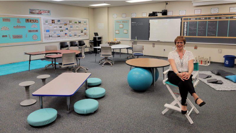 Teacher in a classroom with flexible seating
