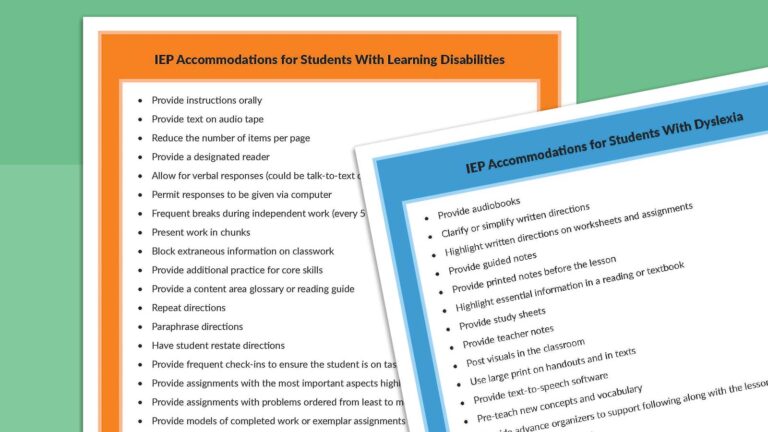 Printable sheets listing IEP accommodations for students.
