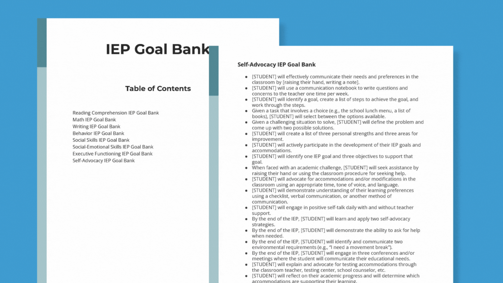 GIF of editable IEP goal bank along with printable goal tracking sheets.