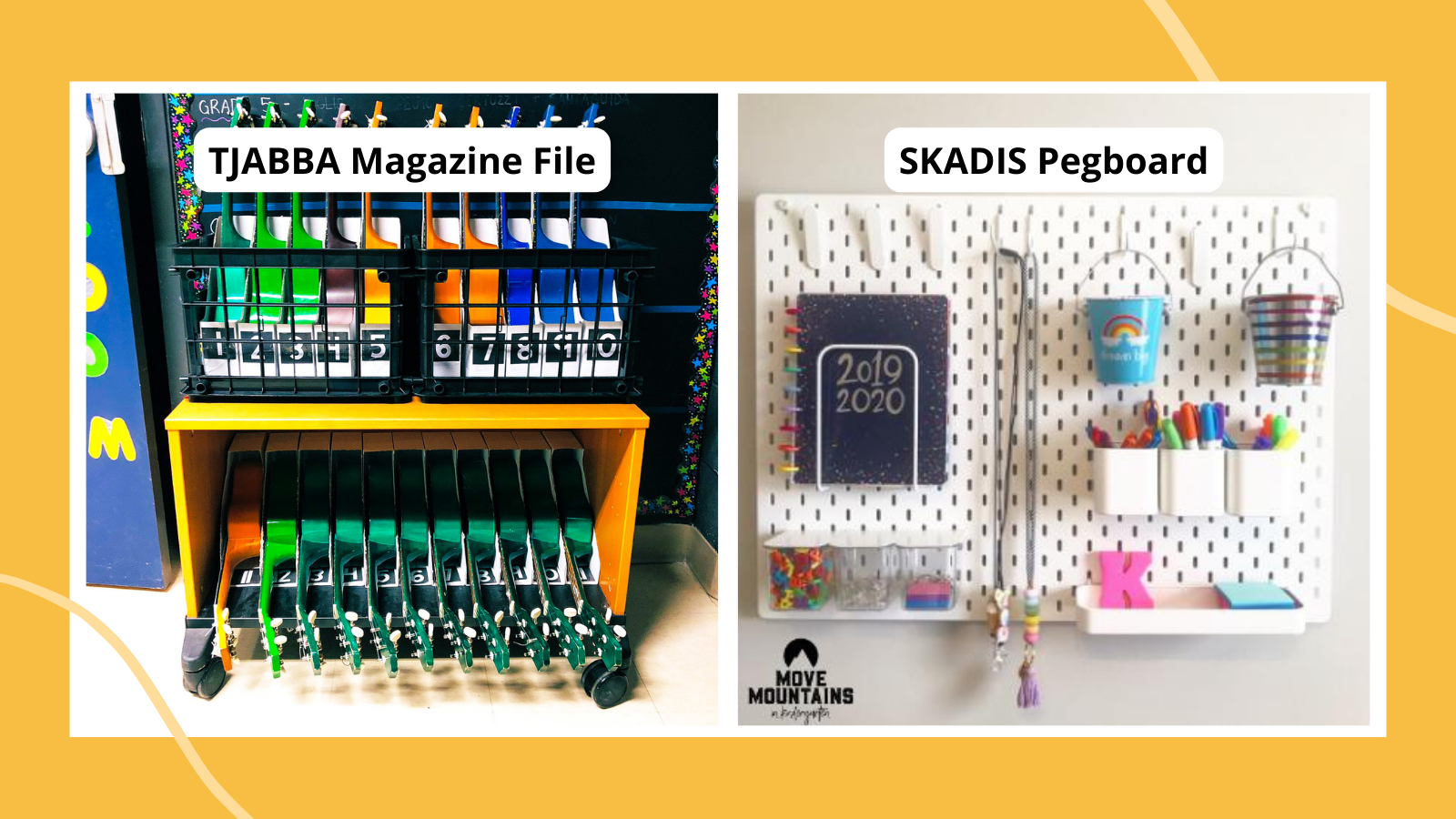 Examples of IKEA products in classrooms including SKADIS Pegboard and TJABBA magazine files for storing ukuleles.