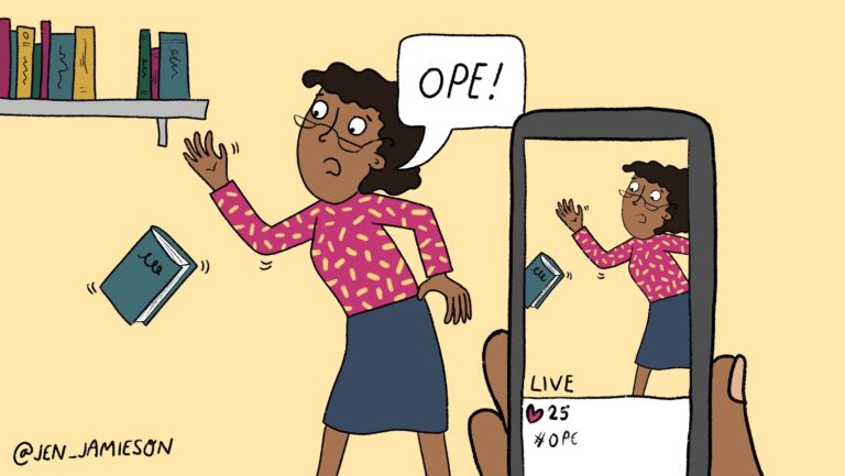 Illustration of teacher fretting that student recorded her