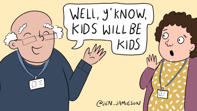 Illustration of teacher responding to principal after student made a racist comment