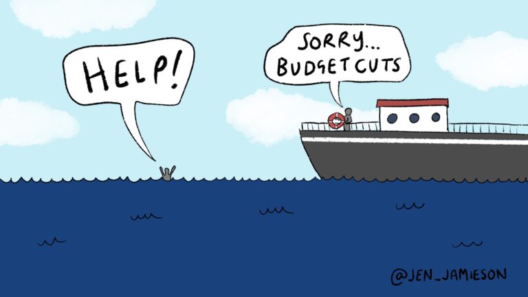 Illustration of drowning teacher and admin on boat not rescuing them