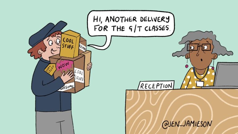 Illustration of gt students getting perks at front office of school