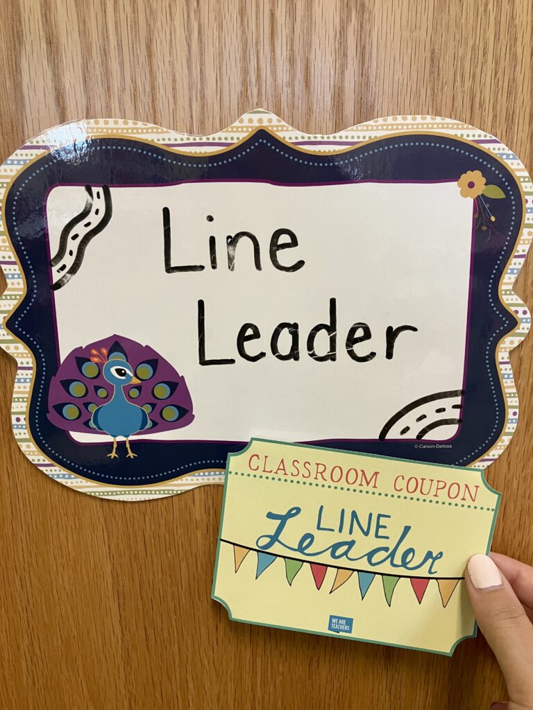 Classroom Procedures an image of a classroom job, line leader, sign and classroom coupoun