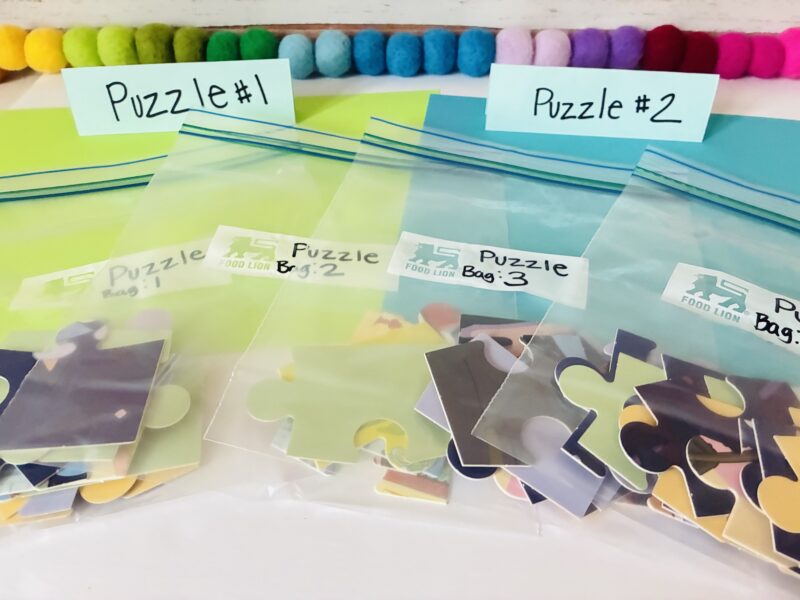 Team Building Activities an image of various puzzle bags full of different puzzles for teams to put together as a team building activity