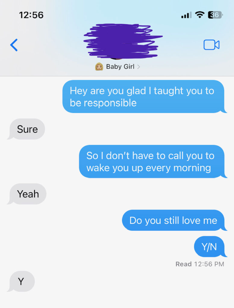 Text message screen shot between dad and daughter about bringing forgotten items to school