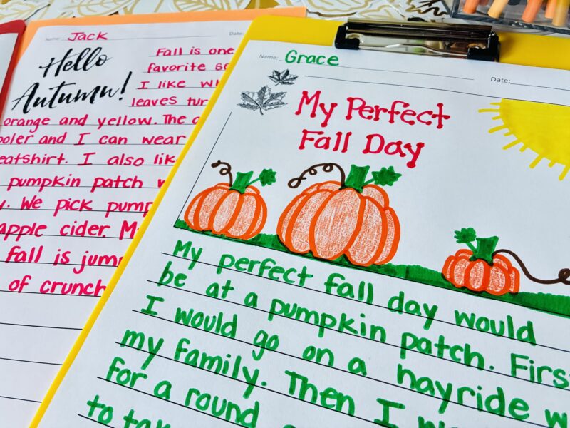 Fall Writing Paper an image of two fall writing paper printables with student example responses