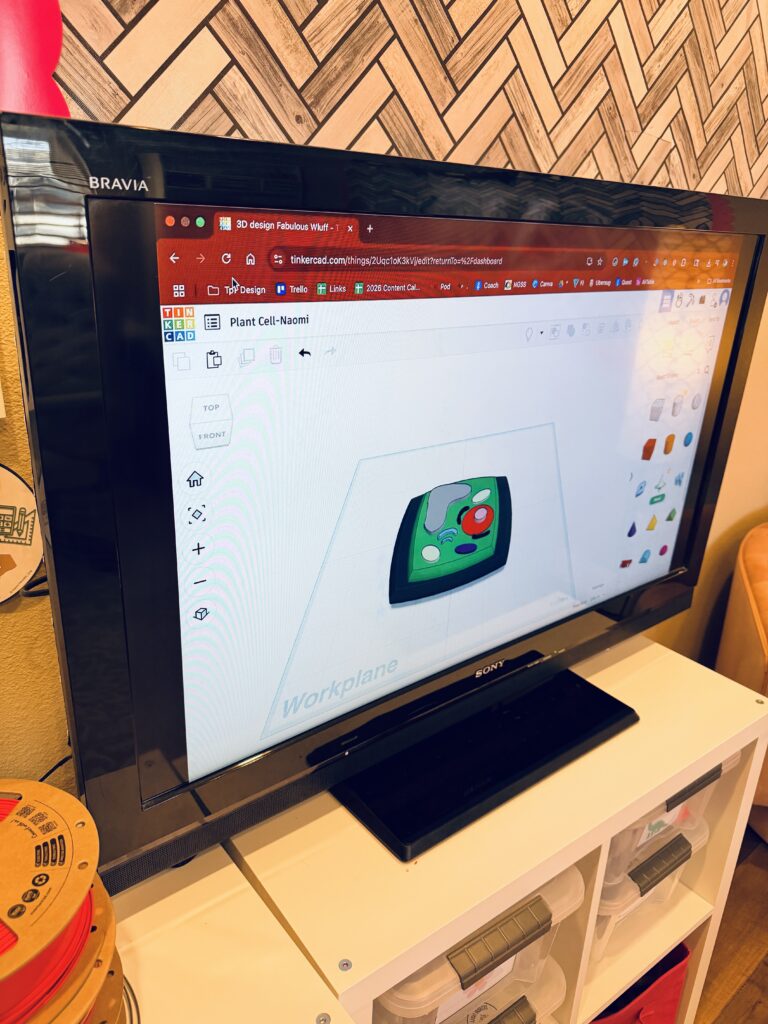 a 3D printed plant cell model plan on a computer screen