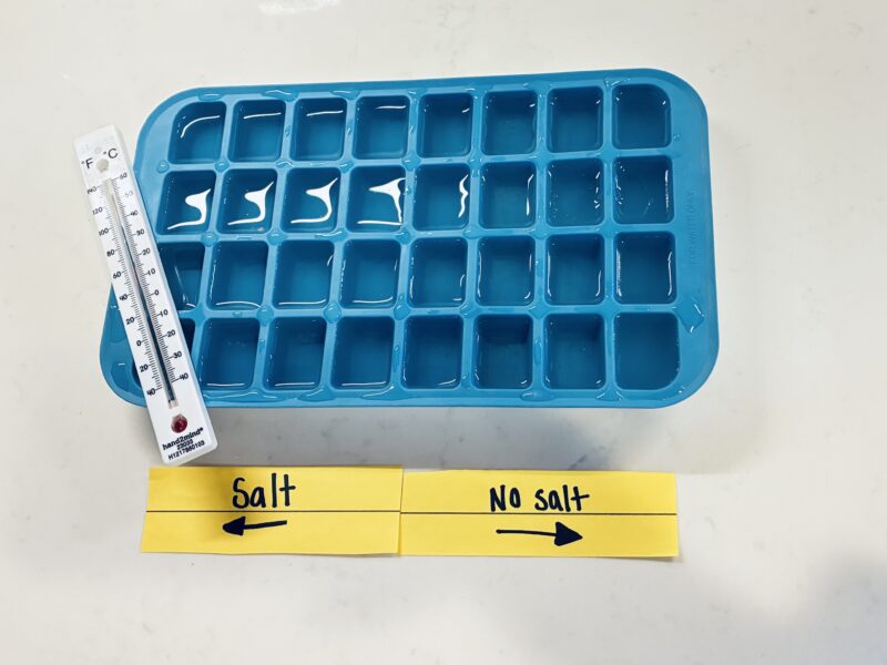 States of Matter Activities an image of an ice cube tray filled with water and salt water, a thermometer and two labels showing which cubes are water and which ones are salt water