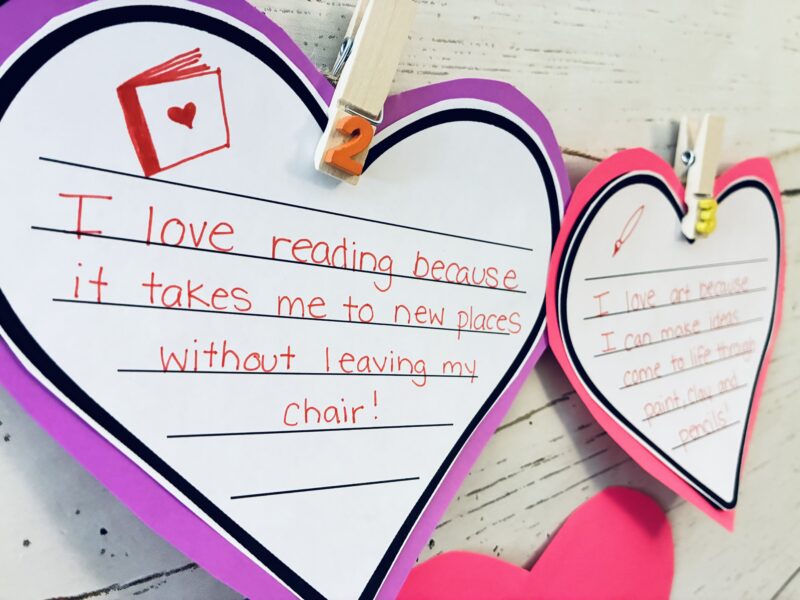 an image of two printable hearts where students write about what they love