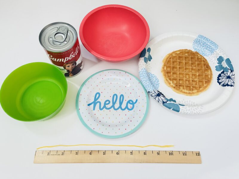 bowls and other circular items with a string and ruler to measure during pi day