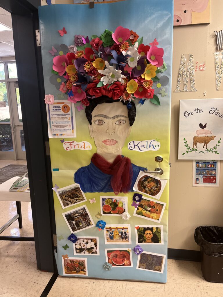 Classroom door decorated with Frida Kahlo theme.
