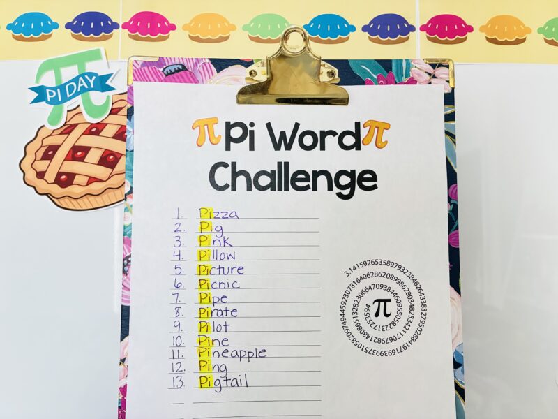a worksheet on a clipboard of a pi word challenge worksheet