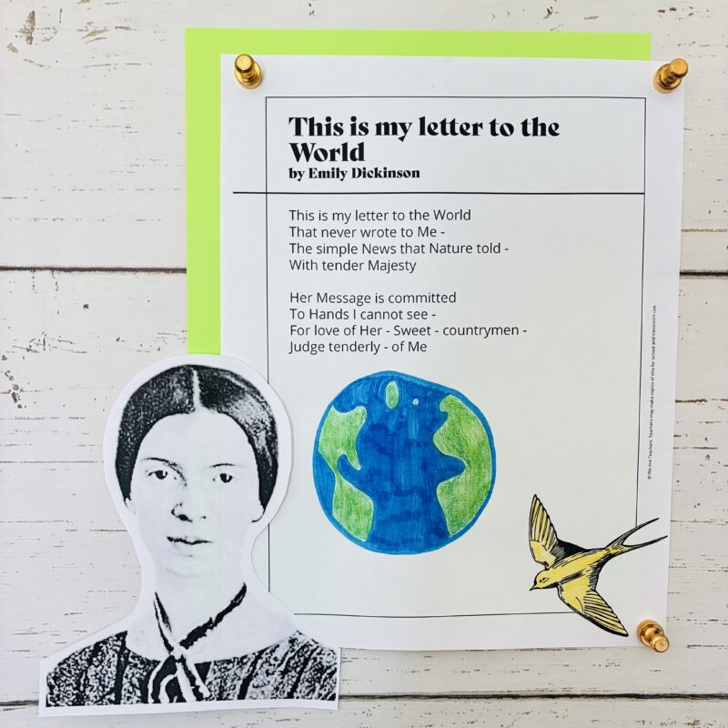 an image of a Women's History Month activity: an Emily Dickinson poem printable with her portrait and an illustration to go along with the poem