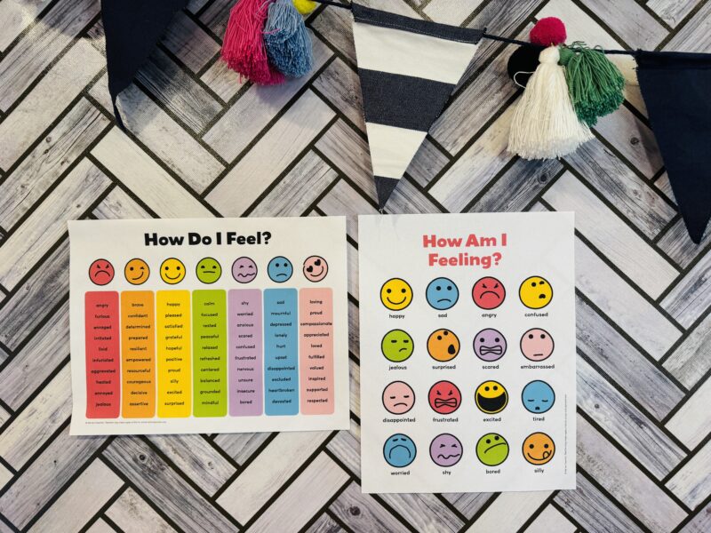 social-emotional learning activities feelings chart on bulletin board