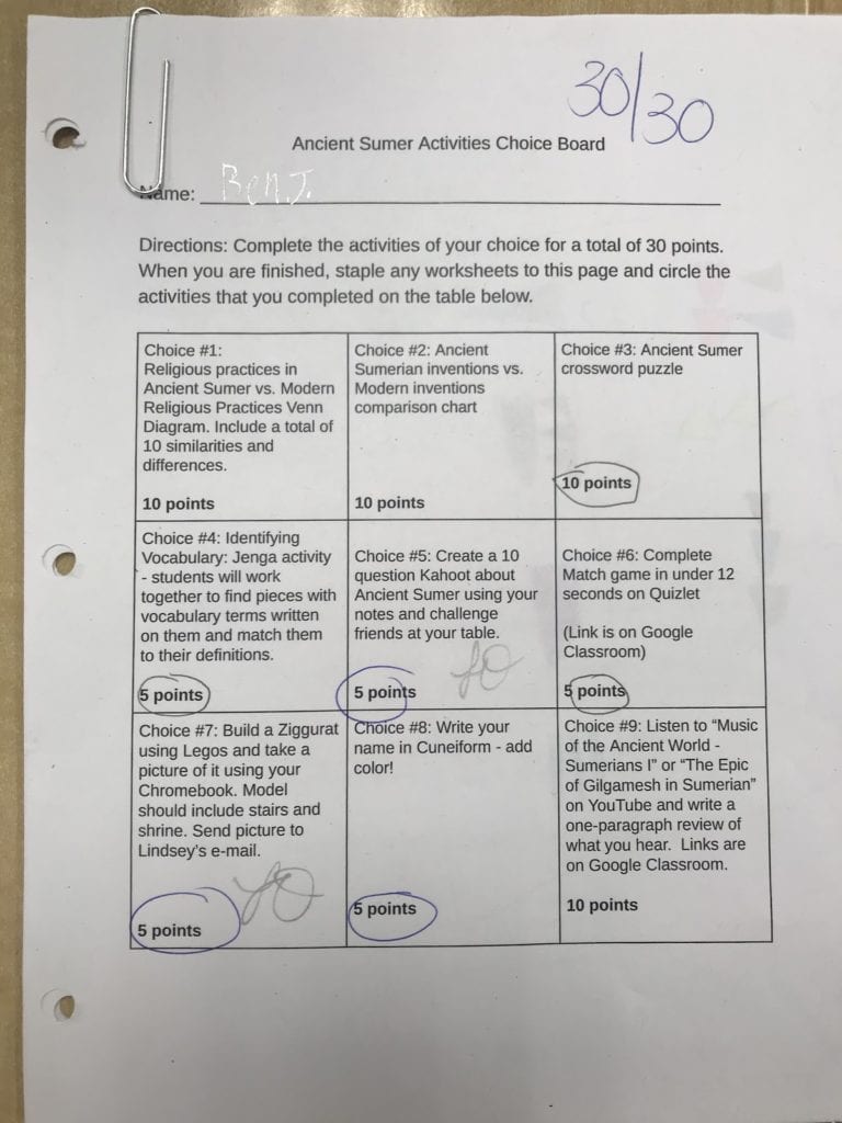 Choice Board worksheet giving a student different options for completing an assignment