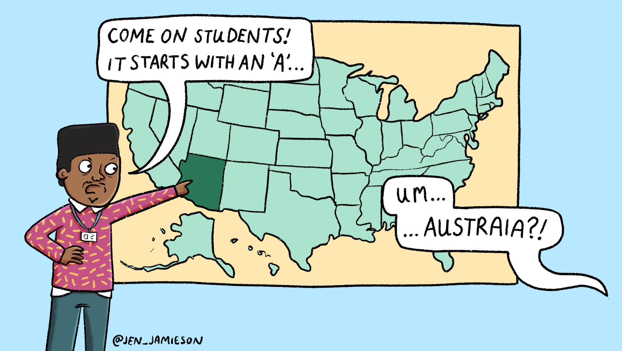 Illustration of students trying to learn the 50 states