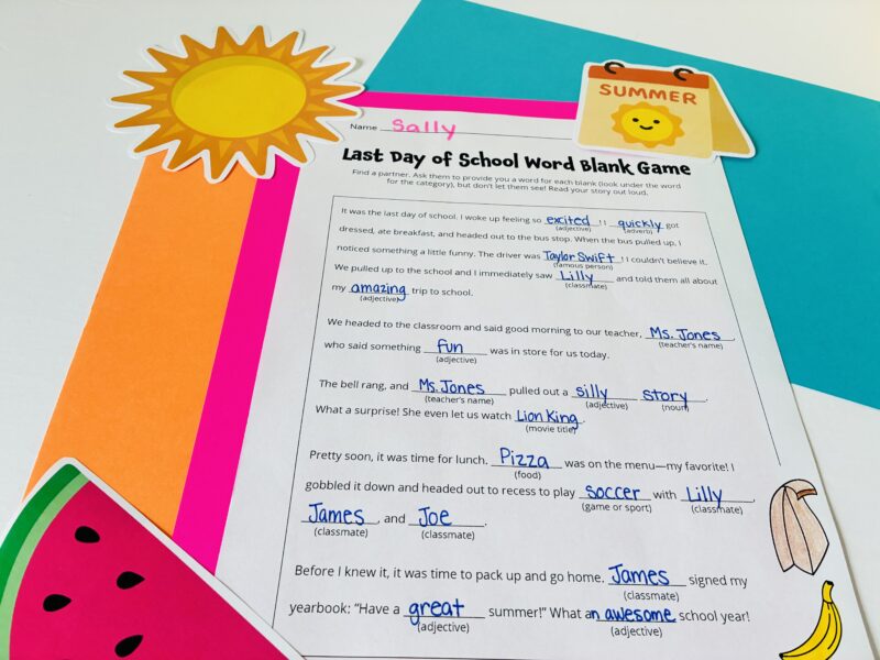 End of Year Activities an image of a last day of school word blank game
