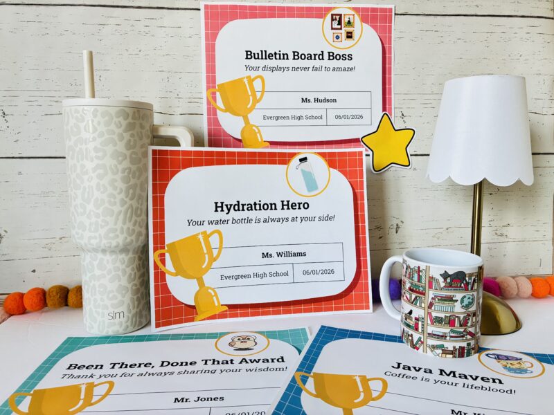 an image of four printable teacher awards displayed on a desk