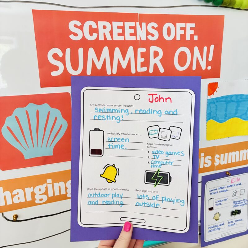 printable student response image to go with the screens off, end of year bulletin board kit