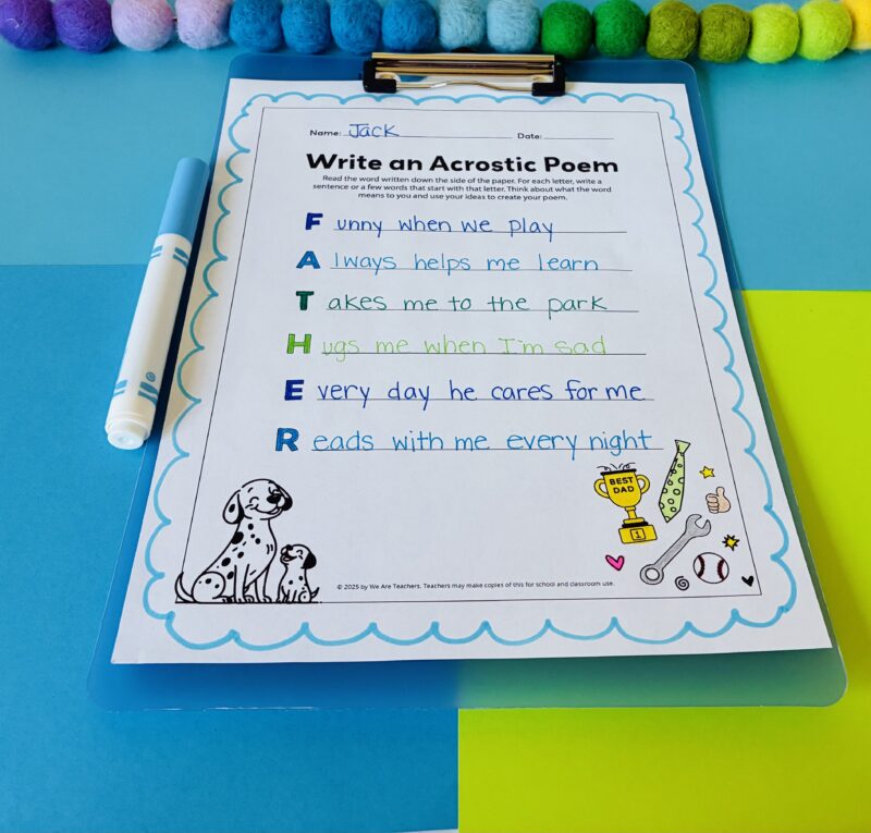 a completed Father's Day acrostic poem