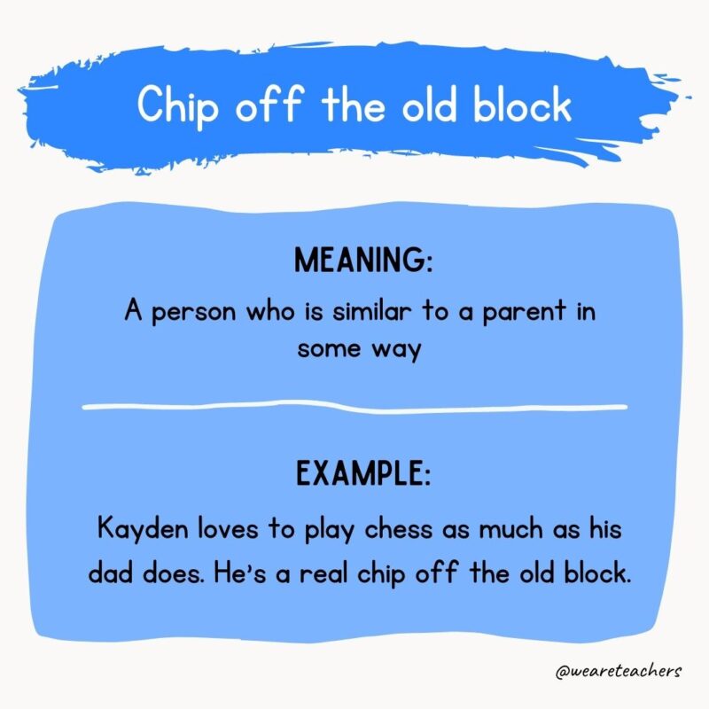 Chip off the old block Meaning: A person who is similar to a parent in some way Example: Kayden loves to play chess as much as his dad does. He’s a real chip off the old block.