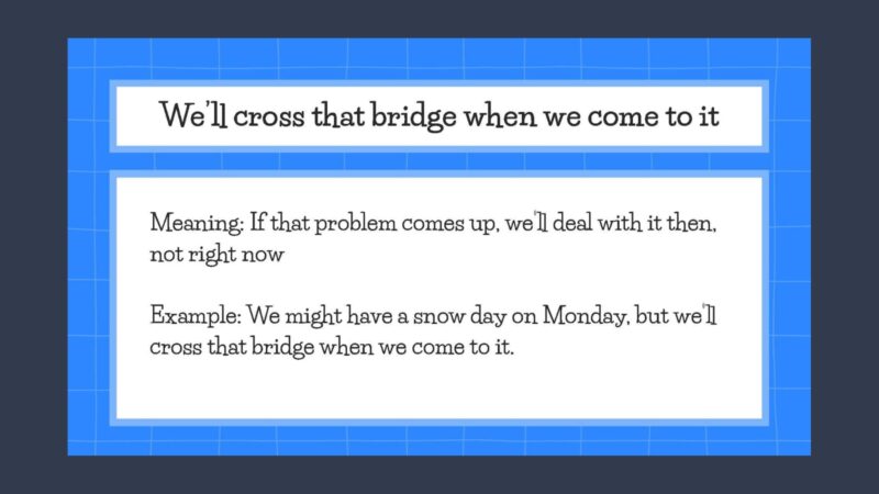 Idiom slide with description of the idiom We'll Cross That Bridge When We Come to It