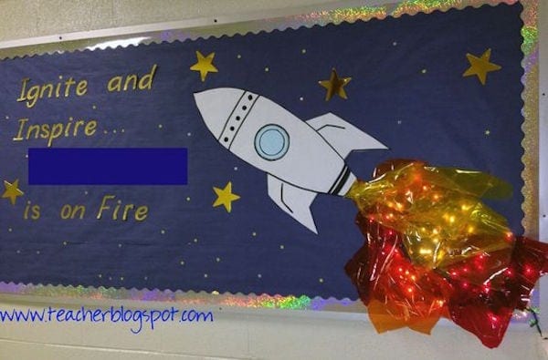 Rocket ship classroom "ignite and inspire" bulletin board
